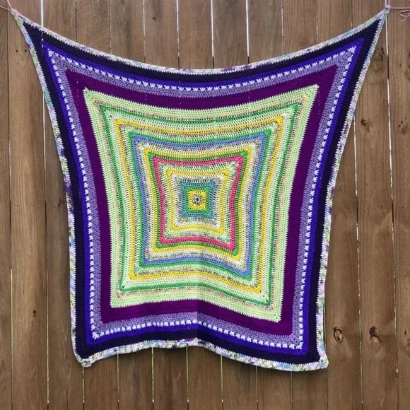 Small Handmade Crocheted Throw Blanket 54” x 52” Purple Green Yellow Pink - Picture 7 of 16